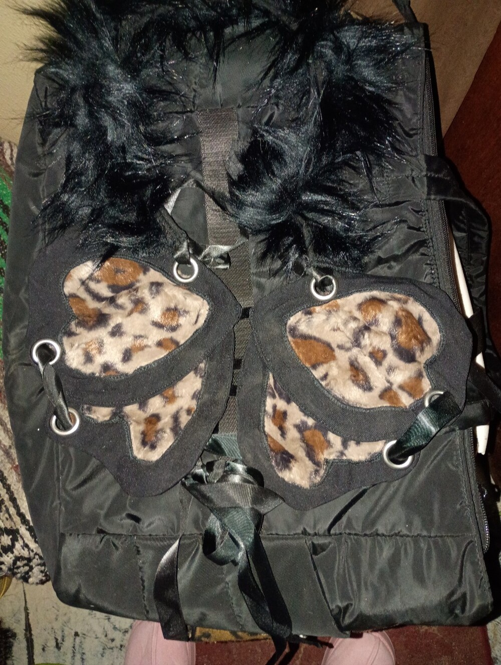 Black Faux Fur Trim Women's Winter Sexy New Strapless Leopard Print Accent Top